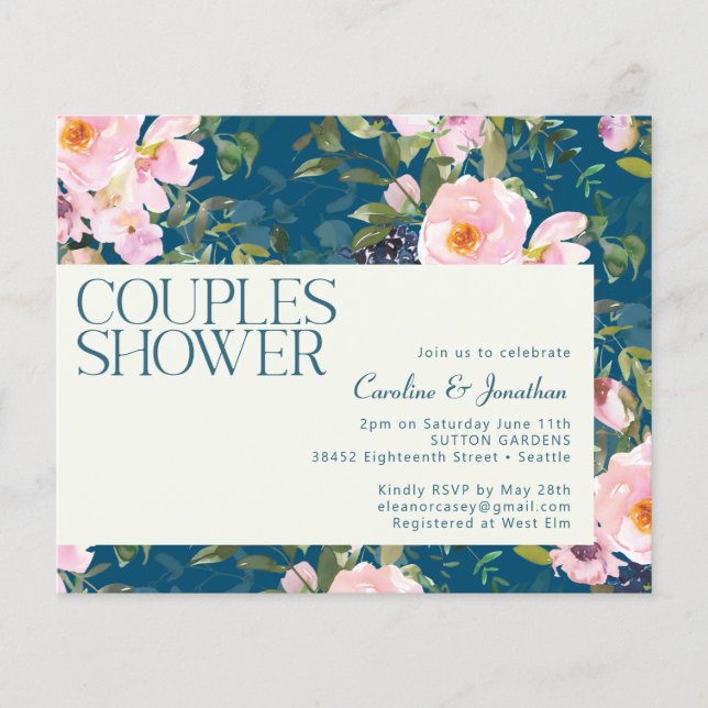 Budget Romantic Floral Blue Couples Shower Invite (Voorkant)