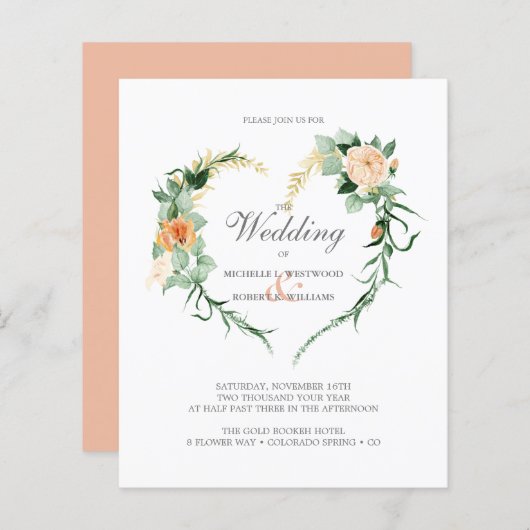 BUDGET Romantic Floral Heart Wreath Weddenschap (Voorkant / Achterkant)