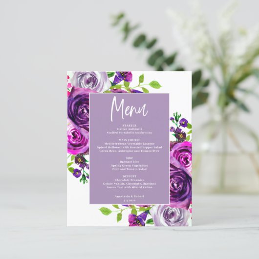 Budget Romantic Paars Floral Menu Kaart (Staand voorkant)