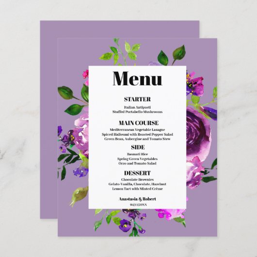 Budget Romantic Paars Floral Menu Kaart (Voorkant / Achterkant)