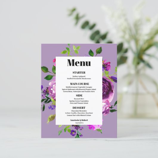 Budget Romantic Paars Floral Menu Kaart (Staand voorkant)