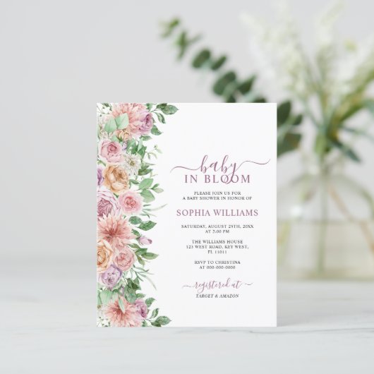 Budget Romantic Roos Flower Baby shower Invitation (Staand voorkant)