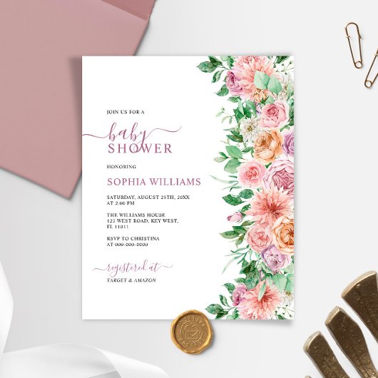 Budget Romantic Roos Flower Baby shower Invitation