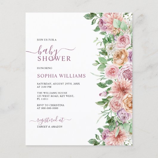 Budget Romantic Roos Flower Baby shower Invitation (Voorkant)