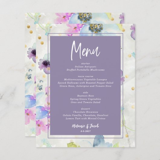 Budget Romantisch Mauve Paarse Bloemen Menu (Voorkant / Achterkant)