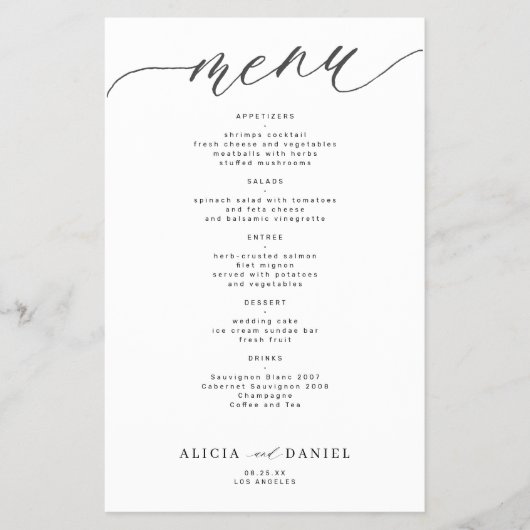 Budget romantisch wit zwart script trouwmenu flyer (Voorkant)