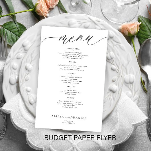 Budget romantisch wit zwart script trouwmenu flyer