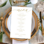 Budget romantische gouden typografie bruiloft menu<br><div class="desc">Eenvoudige witte trendy minimalistische kalligrafie script aangepaste tekst sjabloon BUDGET betaalbare bruiloft menukaart.</div>