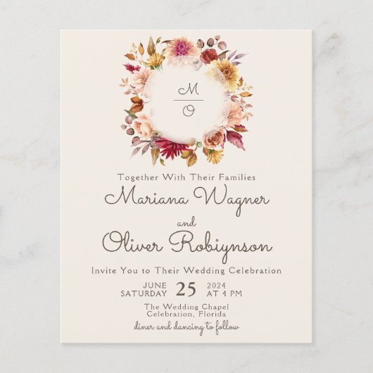 Budget Romantische Herfst Floral Ivoor Bruiloft (Voorkant)