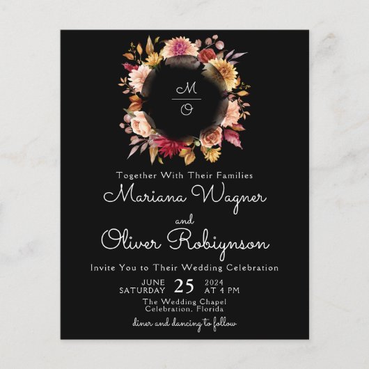 Budget Romantische Herfst Floral Zwart Bruiloft (Voorkant)