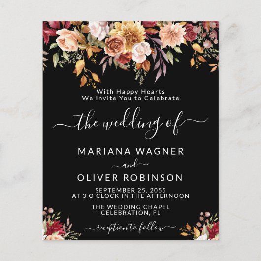 Budget Romantische Herfst Floral Zwart Bruiloft (Voorkant)