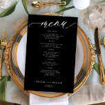 Budget romantische witte en zwarte bruiloft menu<br><div class="desc">Eenvoudige wit en zwart trendy minimalistische kalligrafie script aangepaste tekst sjabloon BUDGET betaalbare bruiloft menukaart.</div>