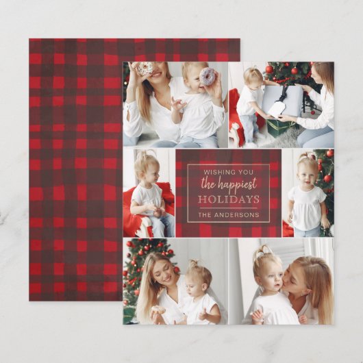 Budget rood geruit zes foto collage kerstkaart (Voorkant / Achterkant)