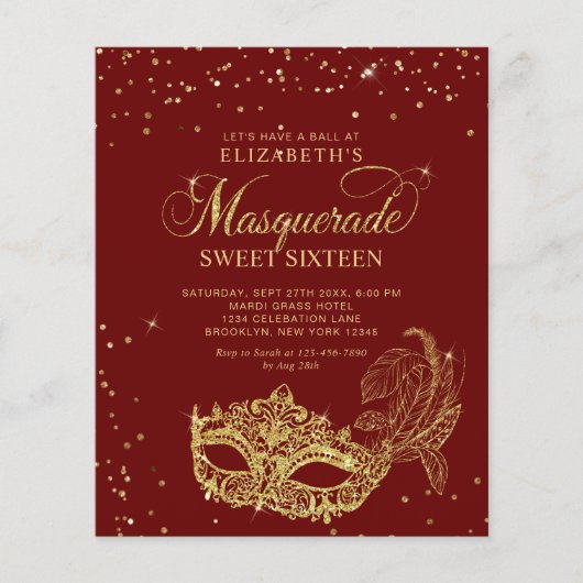 BUDGET Rood Goud Glitter Masquerade Sweet 16 (Voorkant)