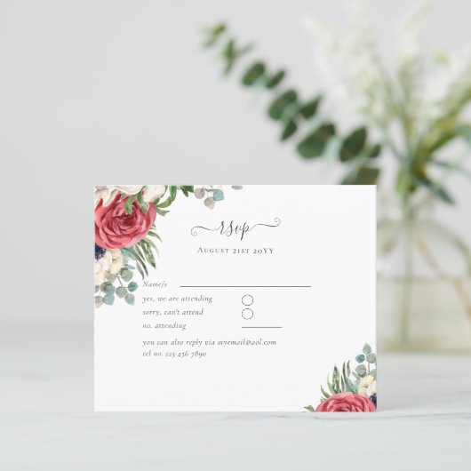 Budget Rood Wit Blauw Bloemen Bruiloft RSVP (Staand voorkant)