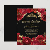 Budget Rood Zwart Bloemen Sweet 16 Party Uitnodigi (Voorkant / Achterkant)