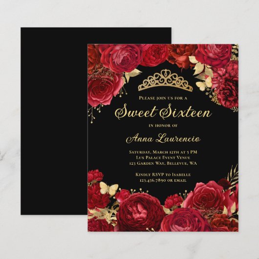 Budget Rood Zwart Bloemen Sweet 16 Party Uitnodigi (Voorkant / Achterkant)