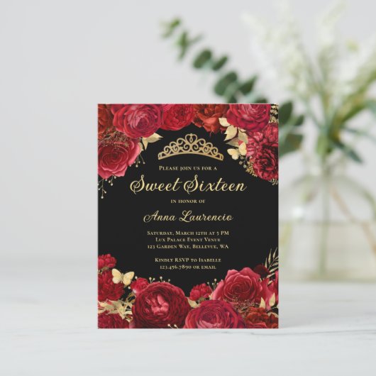 Budget Rood Zwart Bloemen Sweet 16 Party Uitnodigi (Staand voorkant)