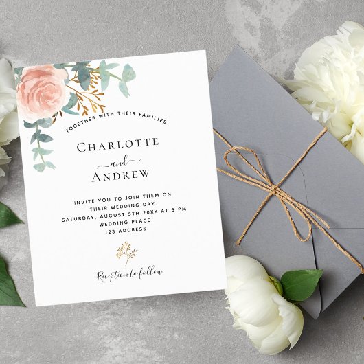 Budget roos eucalyptus blush bruiloft uitnodiging