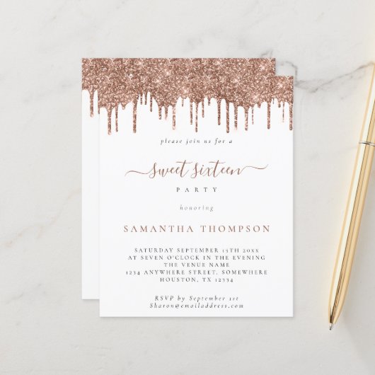 Budget Roos Glitter Drips Sweet 16 Uitnodiging (Voorkant / Achterkant in situ)