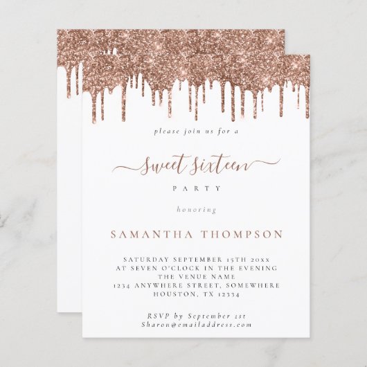 Budget Roos Glitter Drips Sweet 16 Uitnodiging (Voorkant / Achterkant)