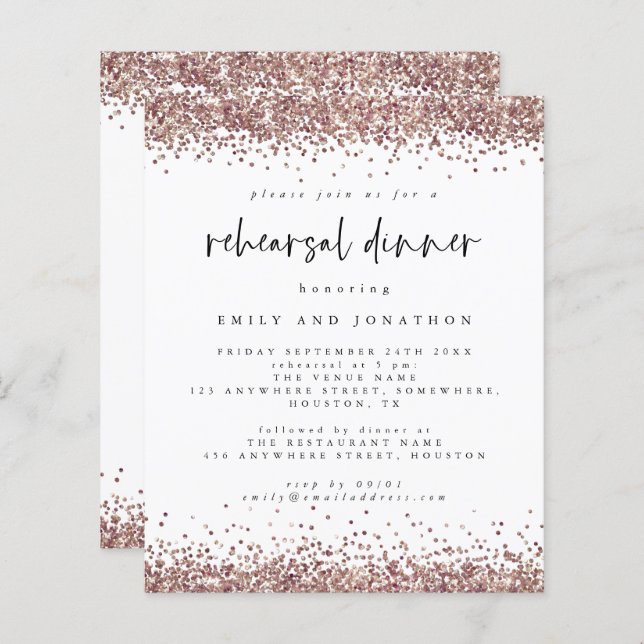 Budget Roos Glitter White Rehearsal Dinner Invite (Voorkant / Achterkant)