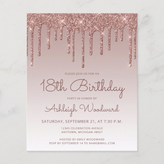 Budget Roos Gold 18e uitnodiging op verjaardag (Voorkant)