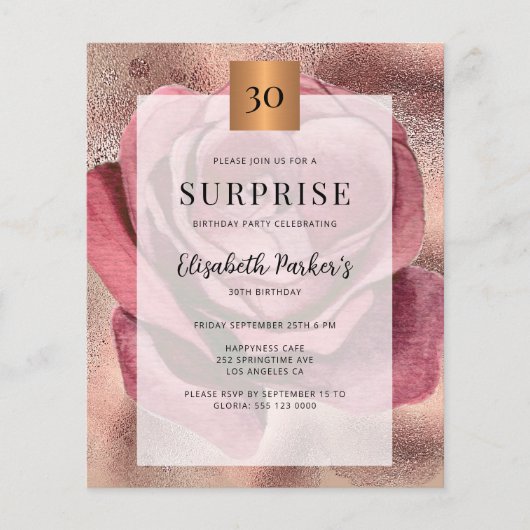 Budget roos Gold 30e verjaardagsfeestuitnodiging Flyer (Voorkant)