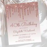 Budget Roos Gold 40th Birthday Party Invitation<br><div class="desc">Deze trendy 40ste verjaardagsuitnodiging is voorzien van een dunne roos gouden faux glitter drip border and ombre background. De woorden "40th Birthday"en de naam van de gast van eer verschijnen in donker roos casual handschrift manuscript, met de rest van de klantgerichte tekst in sans serif doopvont. Aan de achterzijde staat...</div>