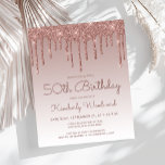 Budget Roos Gold 50th Birthday Party Invitation<br><div class="desc">Deze trendy 50ste verjaardagsuitnodiging is voorzien van een dunne roos gouden faux glitter drip border and ombre background. De woorden "50th Birthday"en de naam van de gast van eer verschijnen in donker roos casual handschrift manuscript, met de rest van de klantgerichte tekst in sans serif doopvont. Aan de achterzijde staat...</div>