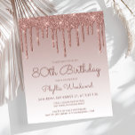 Budget Roos Gold 80th Birthday Party Invitation<br><div class="desc">Deze trendy 80ste verjaardagsuitnodiging is voorzien van een dunne roos gouden faux glitter drip border and ombre background. De woorden "80th Birthday" en de naam van de gast van eer verschijnen in donker roos casual handschrift manuscript, met de rest van de klantgerichte tekst in sans serif doopvont. Aan de achterzijde...</div>