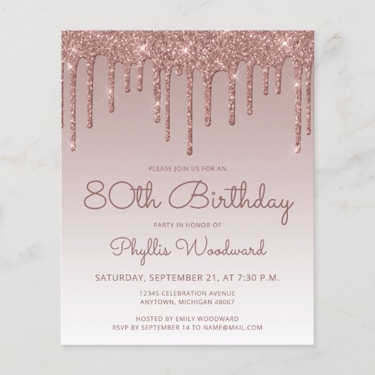 Budget Roos Gold 80th Birthday Party Invitation (Voorkant)