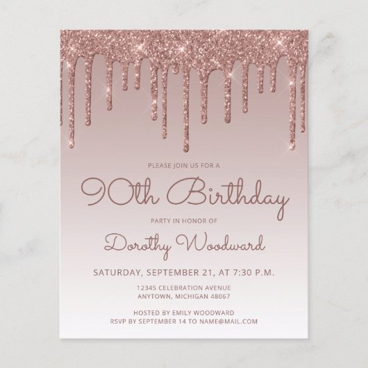 Budget Roos Gold 90th Birthday Party Invitation (Voorkant)