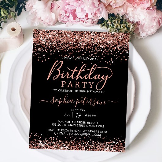 Budget Roos Gold Any Age Black Verjaardagsuitnodig