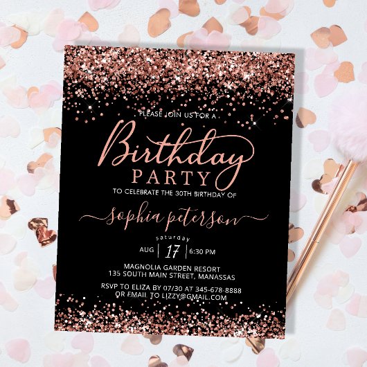 Budget Roos Gold Any Age Black Verjaardagsuitnodig