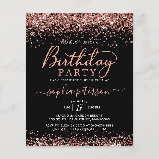 Budget Roos Gold Any Age Black Verjaardagsuitnodig (Voorkant)