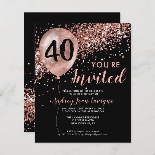 Budget Roos Gold Balloon Black 40e verjaardag (Voorkant / Achterkant)