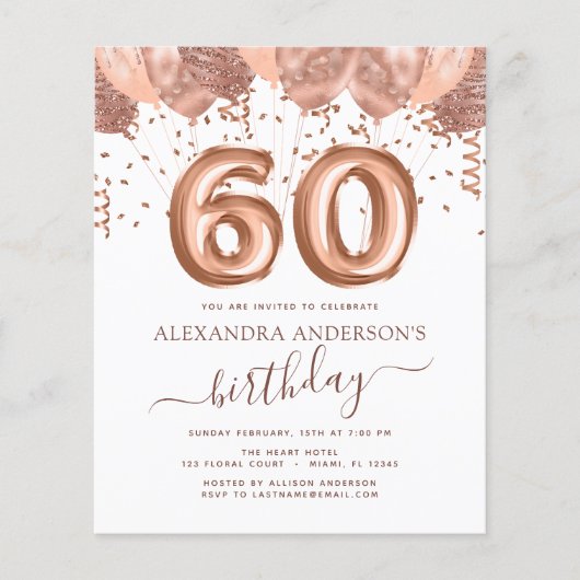 Budget Roos Gold Balloons 60th Birthday Invitation (Voorkant)