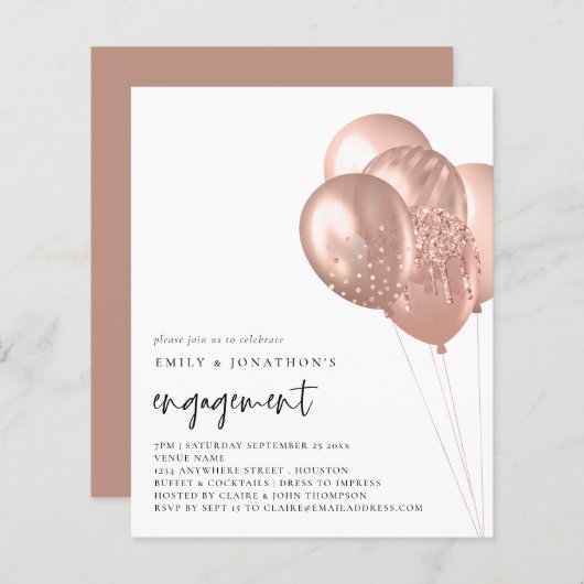 Budget Roos Gold Balloons Engagement Party uitnodi (Voorkant / Achterkant)