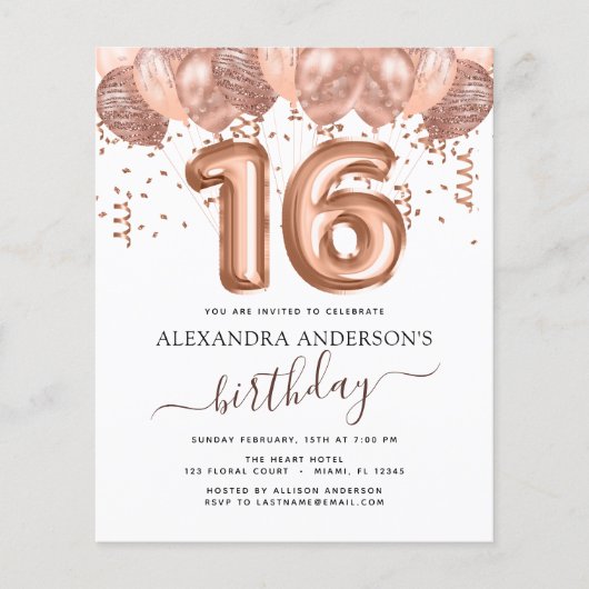 Budget Roos Gold Balloons Sweet 16 Birthday Flyer (Voorkant)