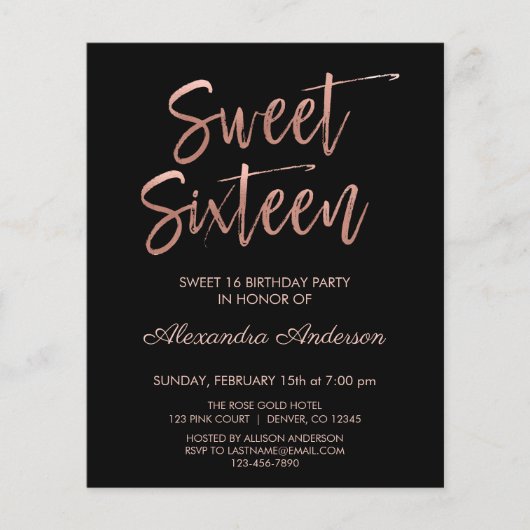Budget Roos Gold Black Sweet Sixteen Birthday Flyer (Voorkant)