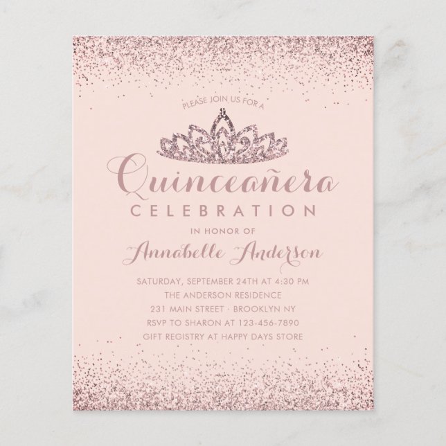 Budget Roos Gold Blush Quinceañera Tiara Invite (Voorkant)