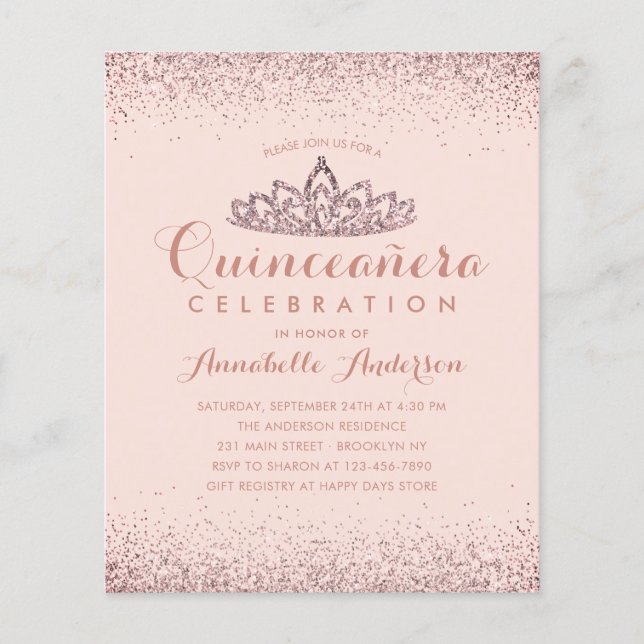 Budget Roos Gold Blush Quinceañera Tiara Invite (Voorkant)