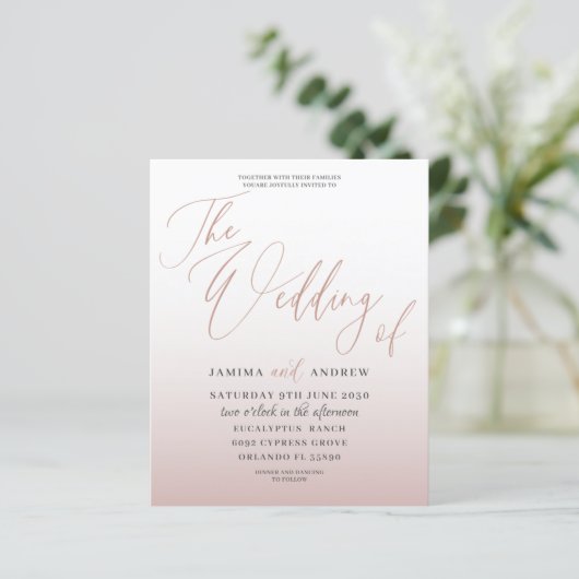 Budget Roos Gold Calligraphy Wedding Invitation (Staand voorkant)