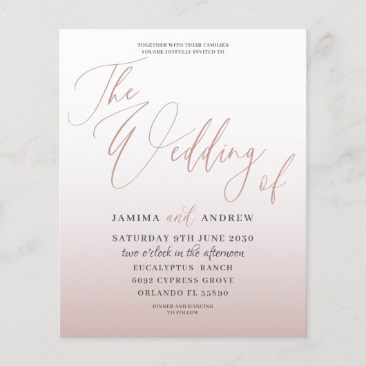 Budget Roos Gold Calligraphy Wedding Invitation (Voorkant)