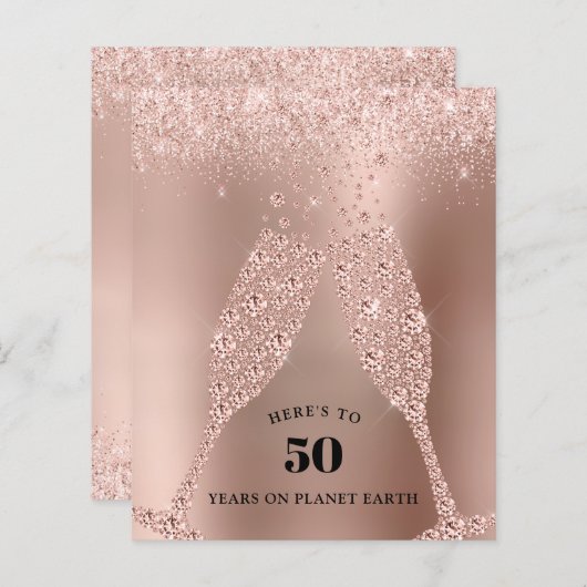 Budget Roos Gold Champagne 40th Birthday Invite (Voorkant / Achterkant)