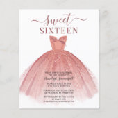 Budget Roos Gold Dress Glitter Sweet 16 Uitnodigin (Voorkant)