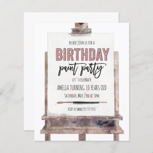 Budget Roos Gold Easel Paint Kids Birthday Uitnodi (Voorkant / Achterkant)