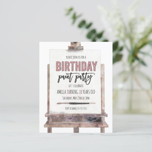 Budget Roos Gold Easel Paint Kids Birthday Uitnodi (Staand voorkant)