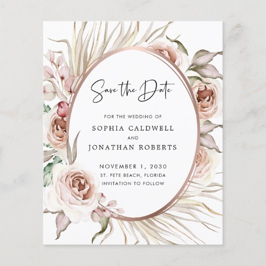 Budget Roos Gold Foil Boho Floral Save the Date (Voorkant)
